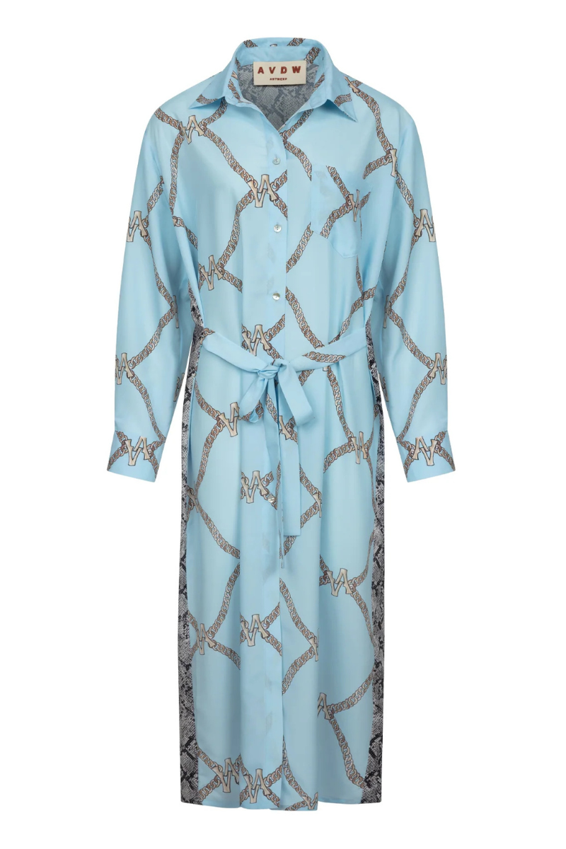 blue chain print dress Black & Blue Chain Print Ruffle Hem Fit & Flare Dress