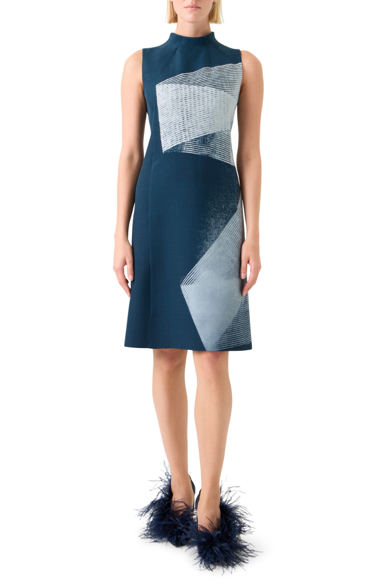 Wool Double-Face Sheath Dress in Zigzag Print denim-ecru / 8 Wool Double-Face Sheath Dress in Zigzag Print denim-ecru / 8