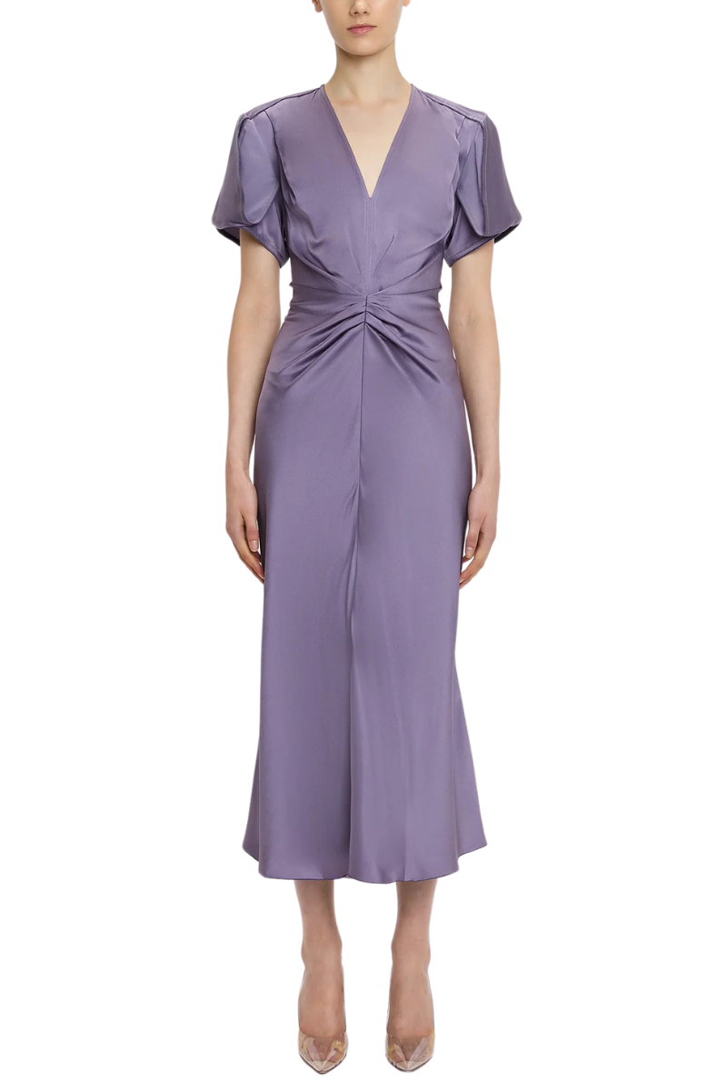 Victoria Beckham Gathered V-Neck Midi Dress in Iris - Size 4 UK Victoria Beckham Gathered V-Neck Midi Dress in Iris - Size 4 UK