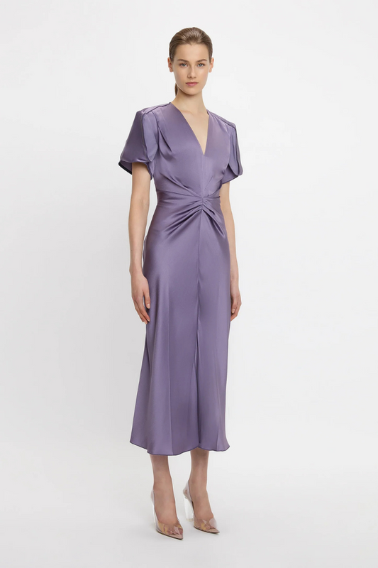 Gathered V-Neck Midi Dress-Victoria Beckham-Boyds Philadelphia