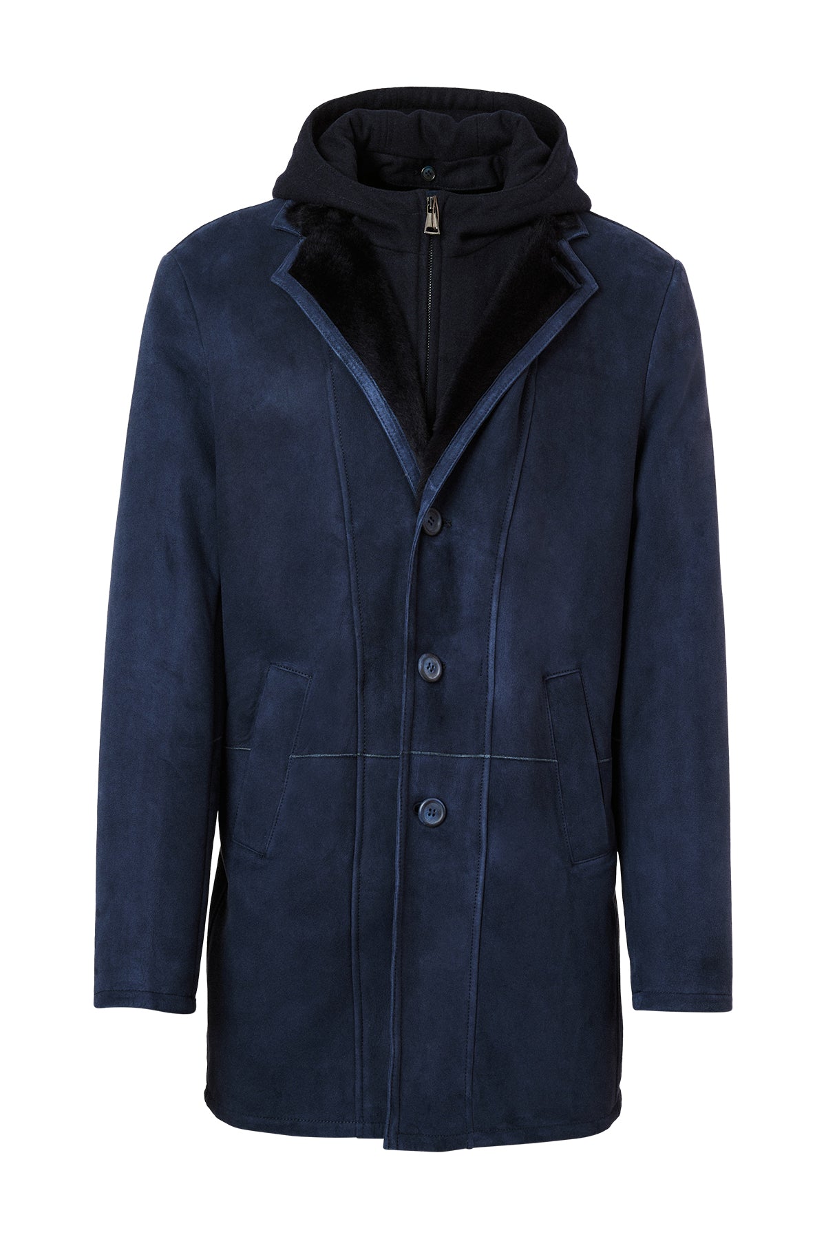 Navy Shearling Coat w/ Tonal Hood