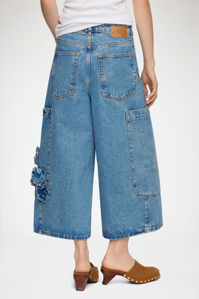 Flower Denim Cropped Baggy Jeans-GANNI-Boyds Philadelphia