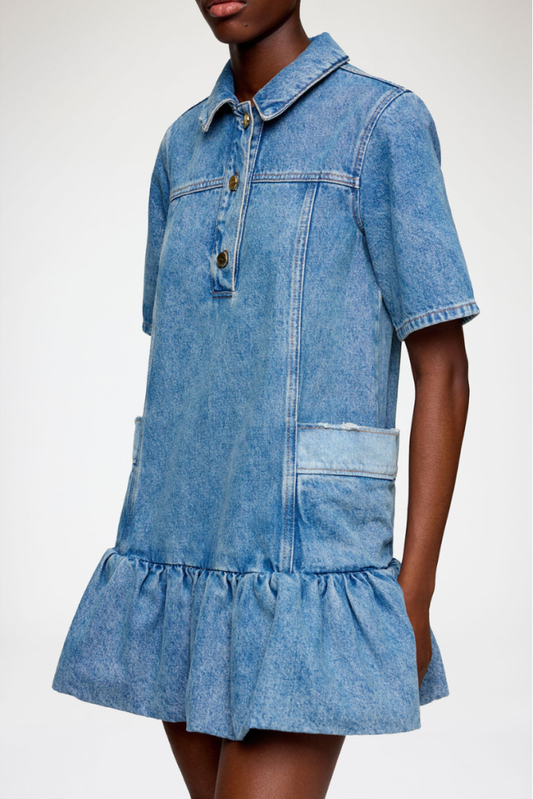 Patchwork Denim Peplum Mini Dress-GANNI-Boyds Philadelphia
