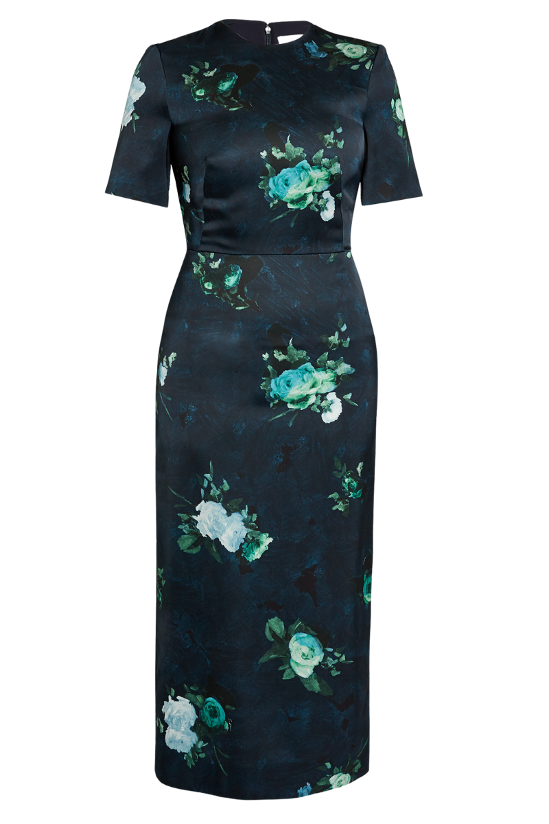 knee length dresses for ladies Floral Print Midi Dress, Abstract Rose Navy / 10