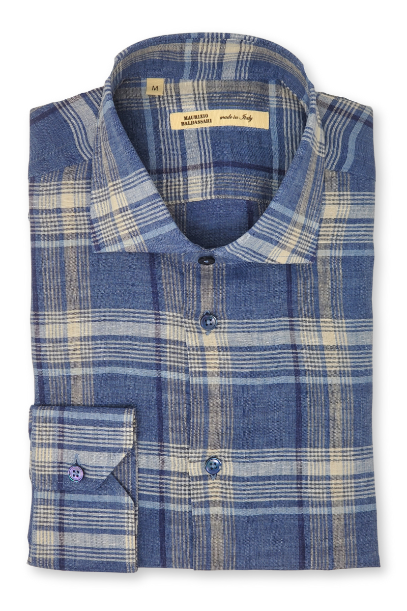 Blue Linen Plaid Shirt-Maurizio Baldassari-Boyds Philadelphia