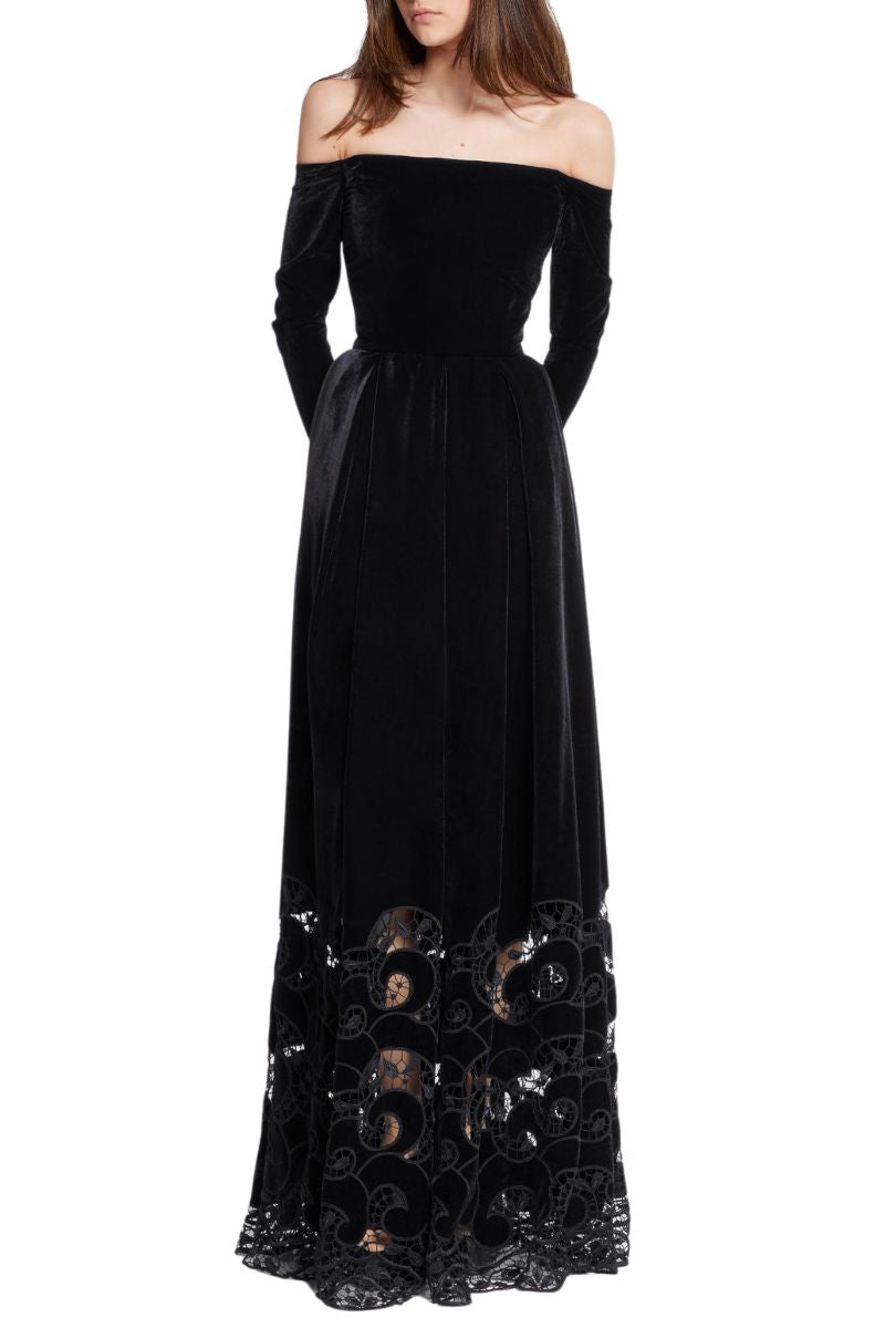 Embroidered Velvet Long Dress, Black / 6 Embroidered Velvet Long Dress, Black / 6