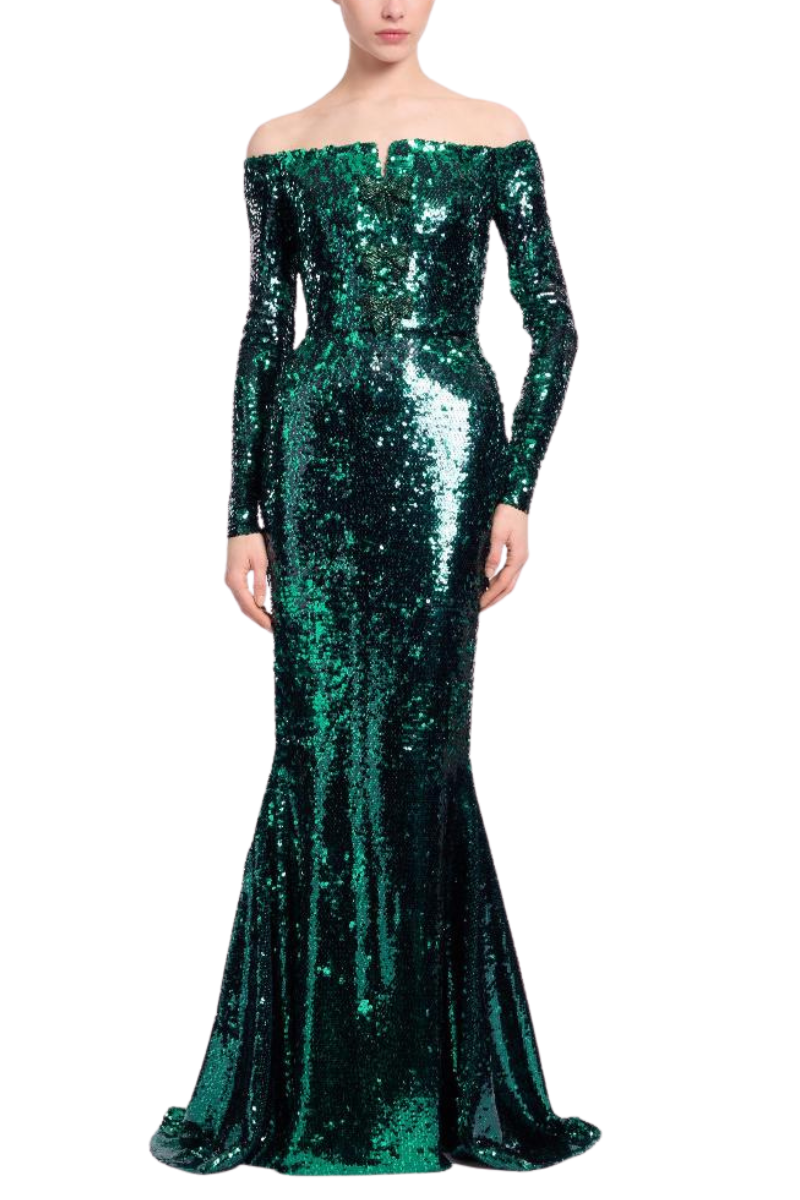 Off-The-Shoulder Sequin Gown, Gradient Green / 6 Off-The-Shoulder Sequin Gown, Gradient Green / 6
