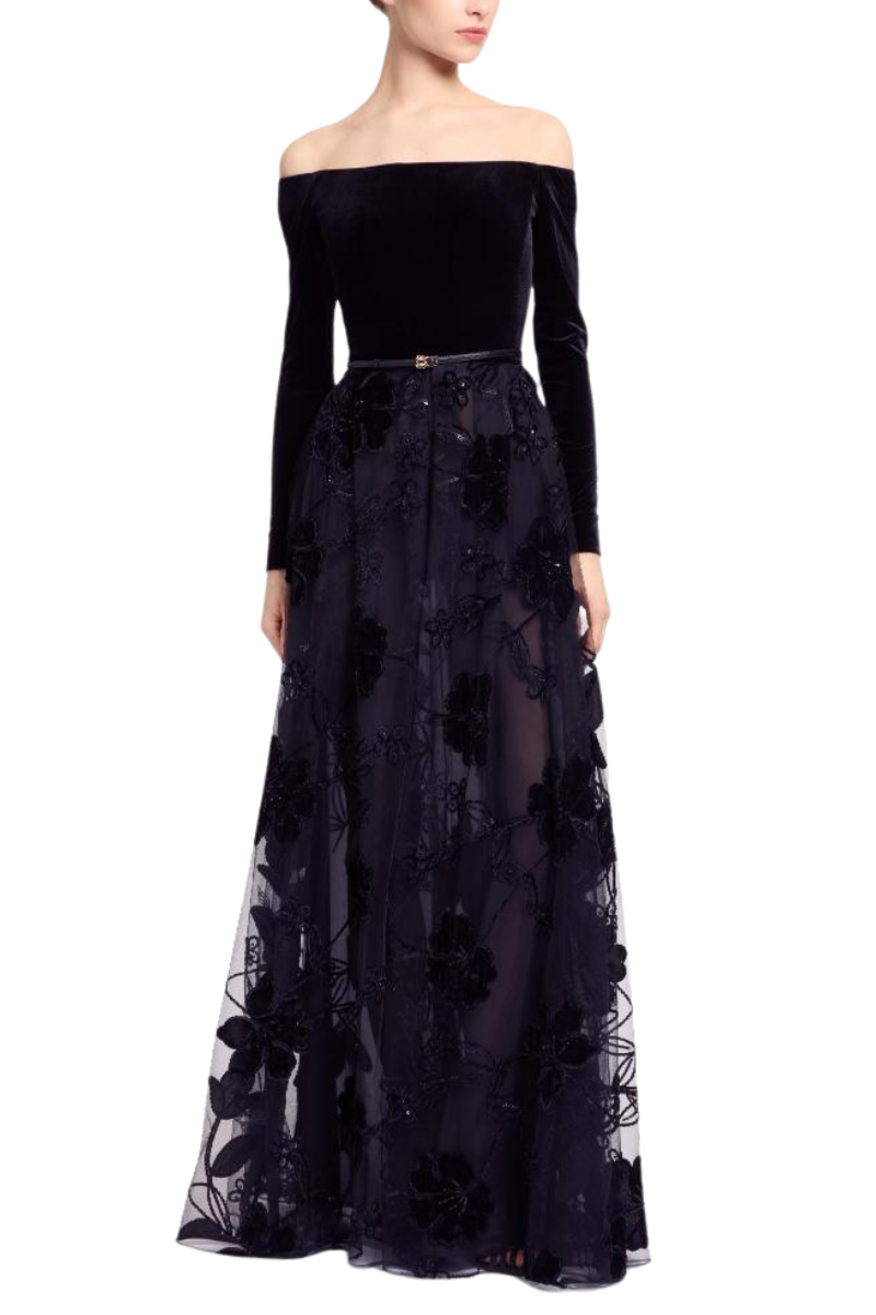Off-The-Shoulder Velvet Embroidered Gown-ELIE SAAB-Boyds Philadelphia