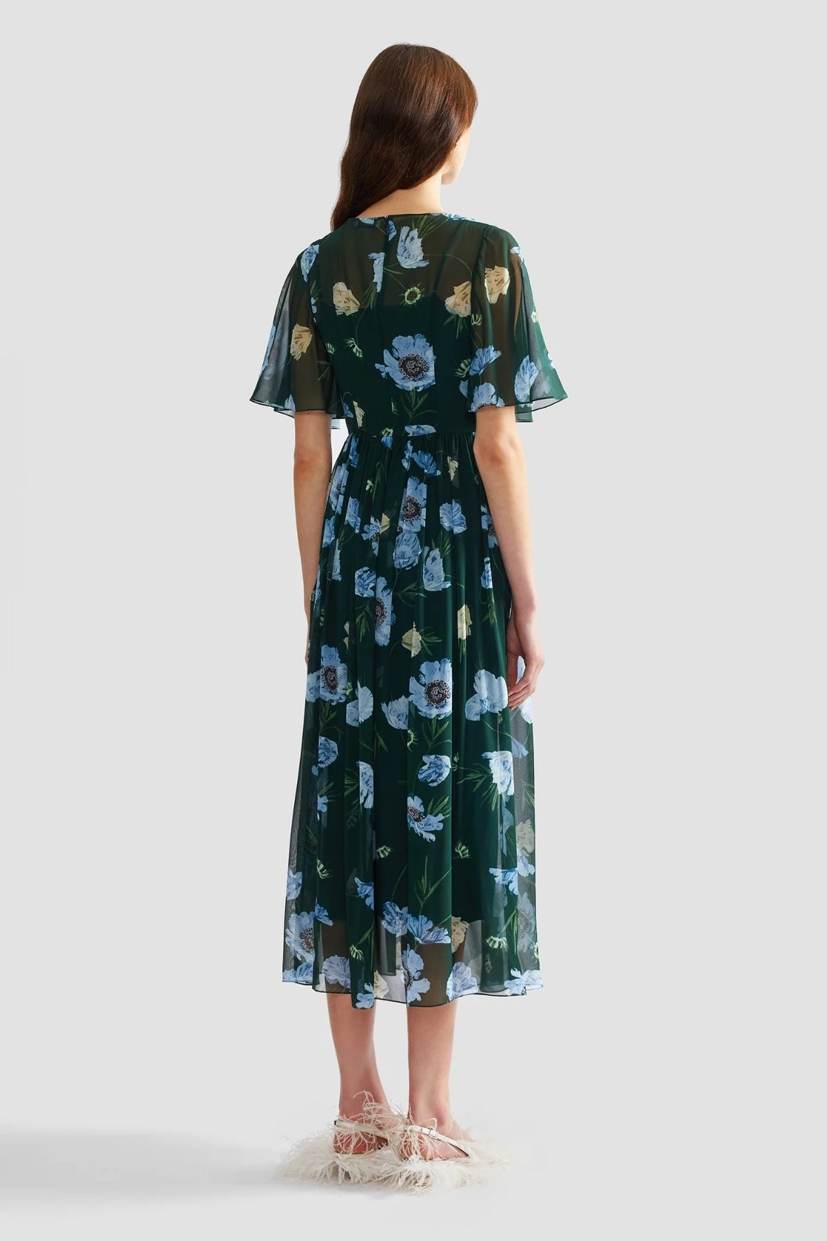 Floral Silk Voile Short Sleeve Midi Dress-ERDEM-Boyds Philadelphia