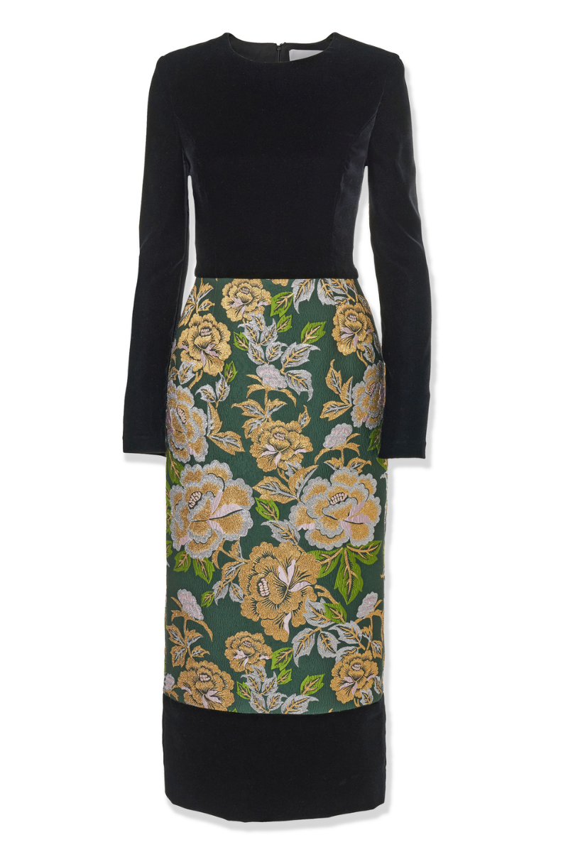 Floral Jacquard and Velvet Midi Dress, Pine Green / 6 Floral Jacquard and Velvet Midi Dress, Pine Green / 6