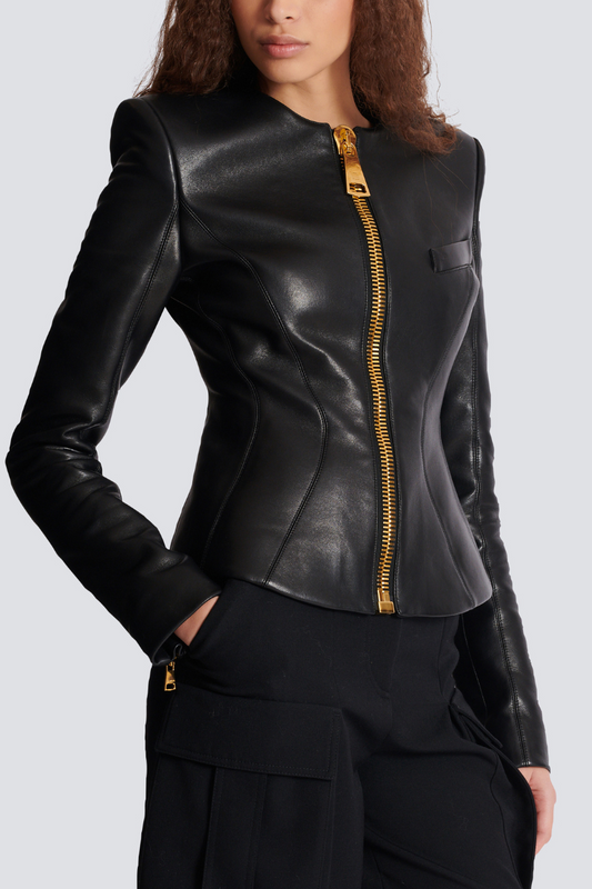 Cropped Peplum Leather Jacket-Balmain-Boyds Philadelphia