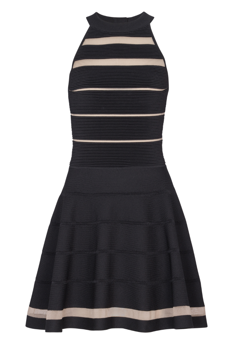 black and white striped flare dress Maweii V-Neck Cinched Waist Flare Dress, Butterfly Sleeve Belt Decor, Black  & White Striped Dress For Plus Size Women