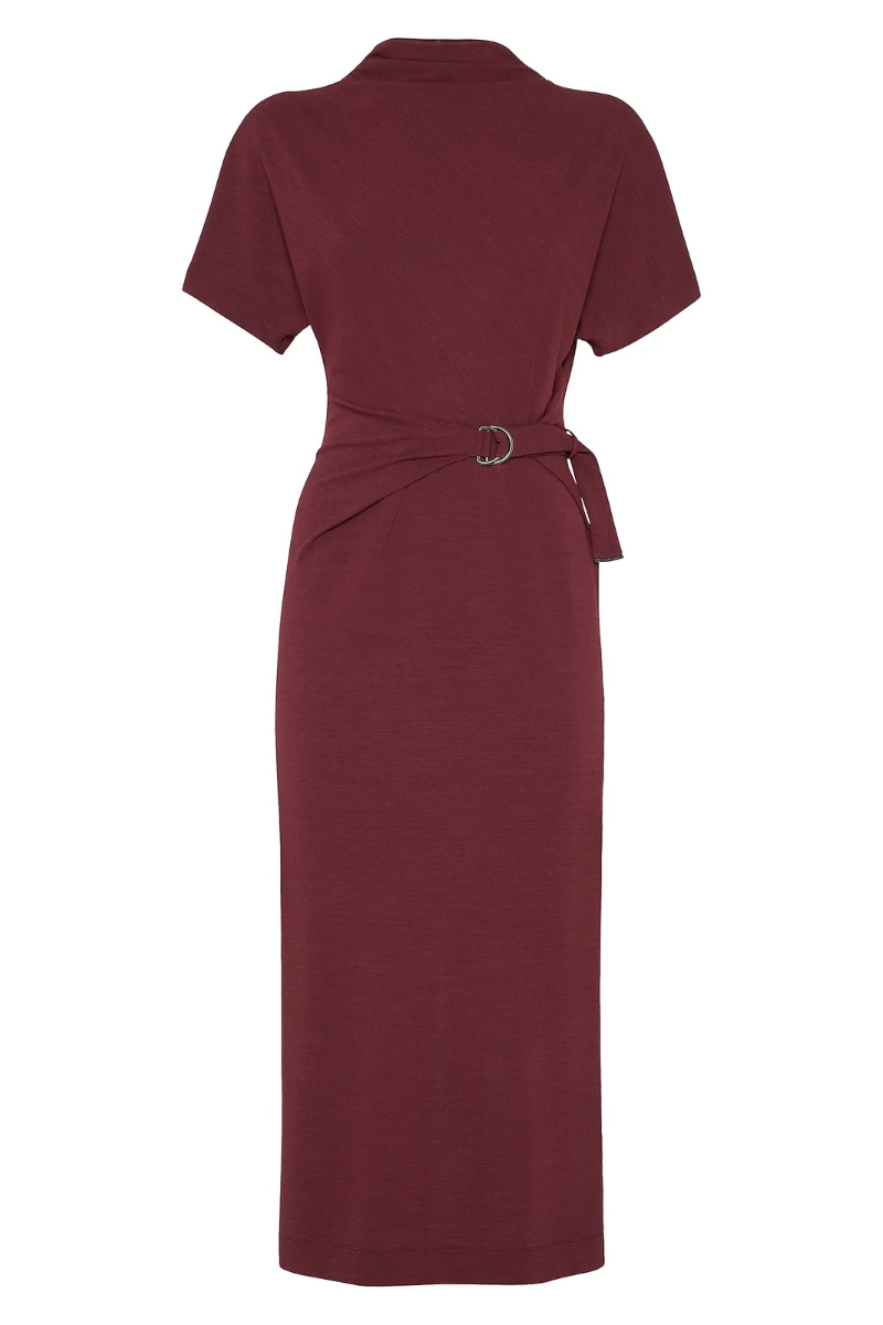 jersey wrap dress Brunello Cucinelli Women's Techno Wool Jersey Wrap Belt Dress - Amaranth Red