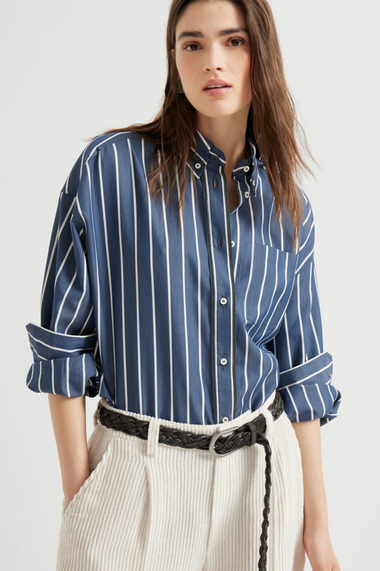 Striped Shiny Trim Poplin Shirt-Brunello Cucinelli-Boyds Philadelphia