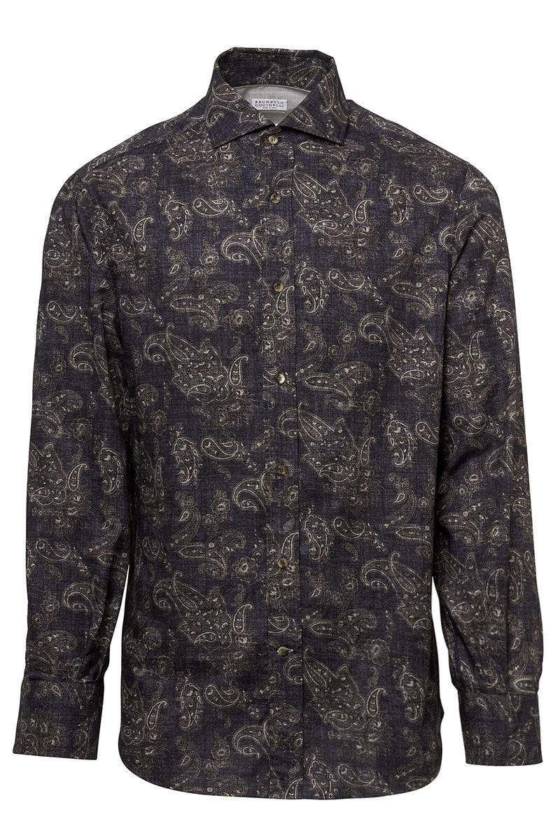 Brunello Cucinelli Men's Paisley Basic Fit Shirt - Anthracite - Size Small Brunello Cucinelli Men's Paisley Basic Fit Shirt - Anthracite - Size Small