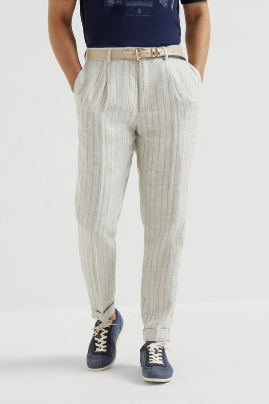 Chalk Stripe Linen Twill Trousers-Brunello Cucinelli-Boyds Philadelphia