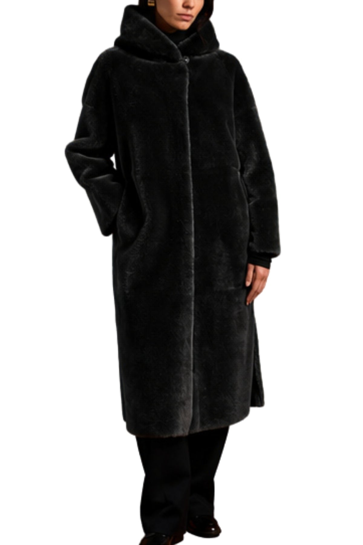 Shearling Long Hooded Zipper Coat-Suprema-Boyds Philadelphia