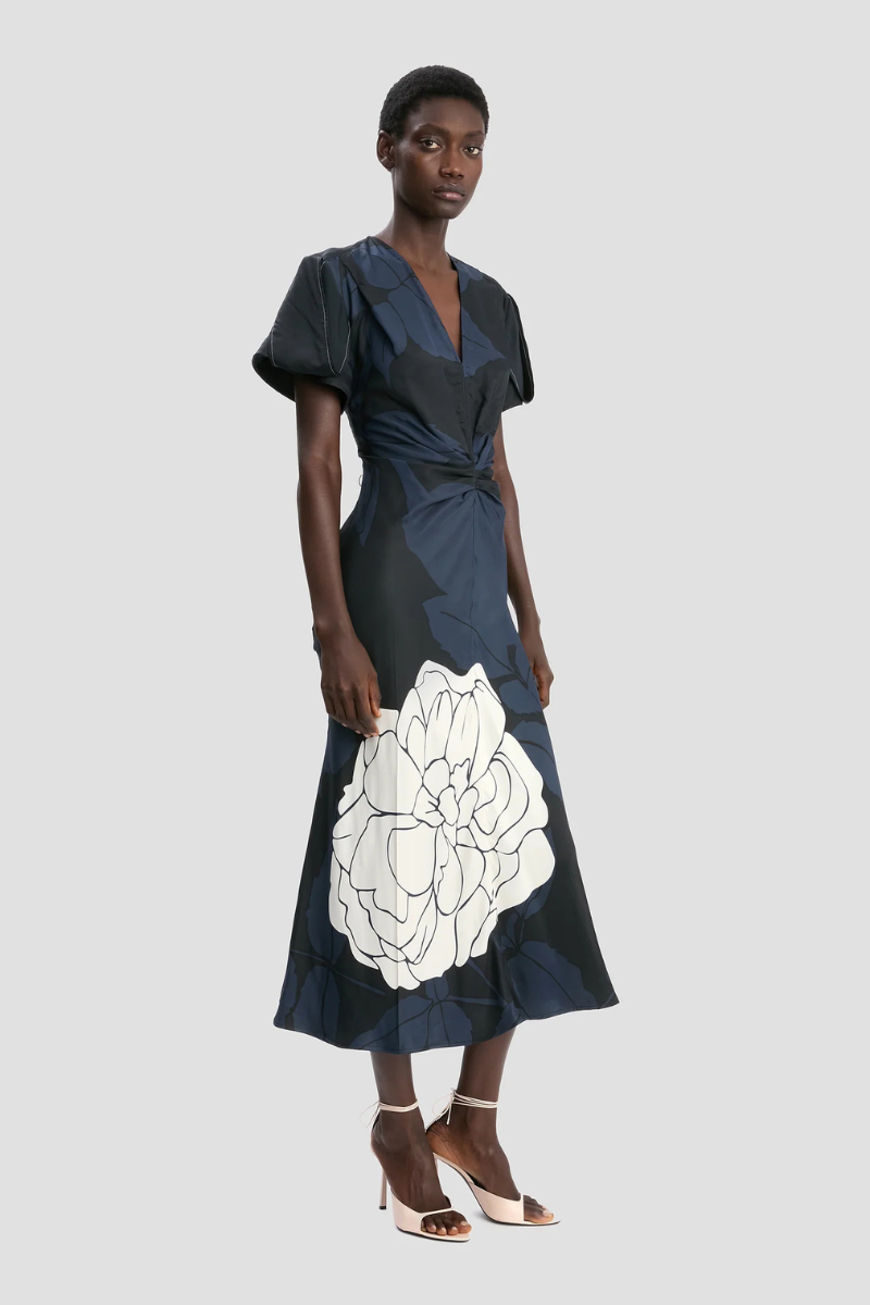 victoria beckham dress Eve Midi Dress In Dark Navy Floral Print-4