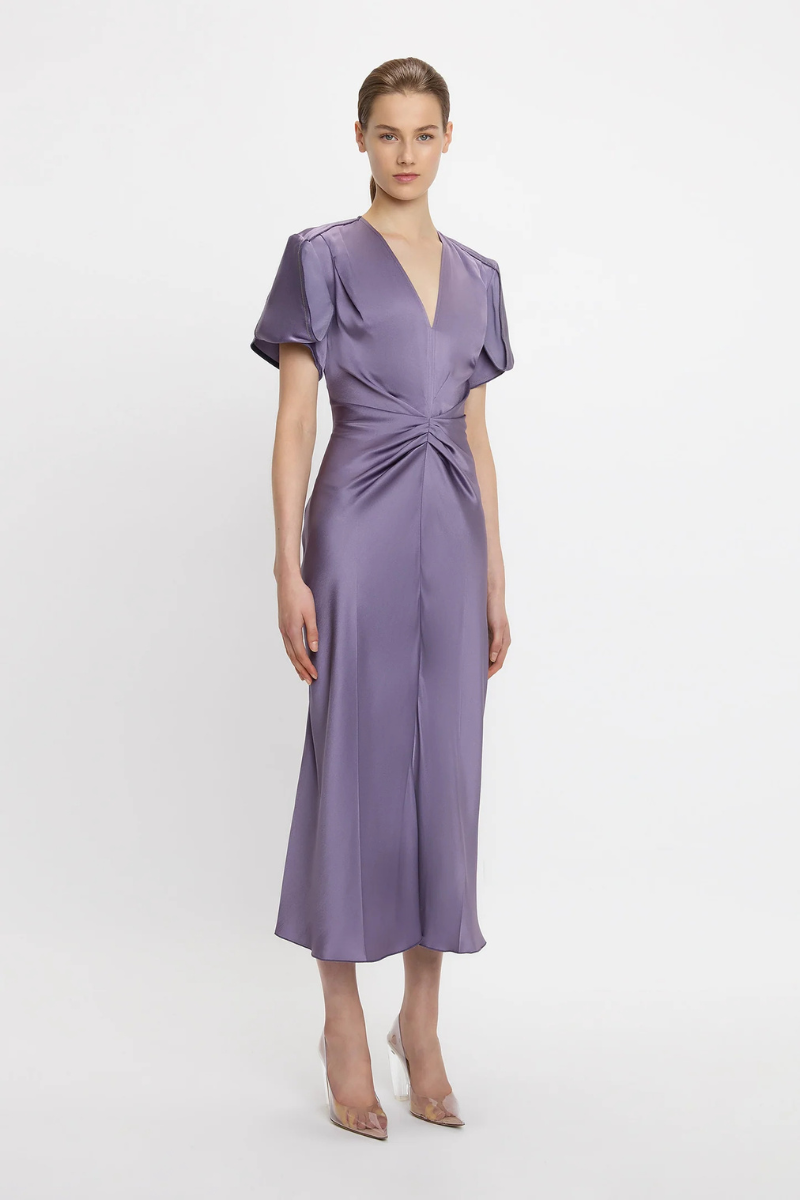 Gathered V-Neck Midi Dress-Victoria Beckham-Boyds Philadelphia