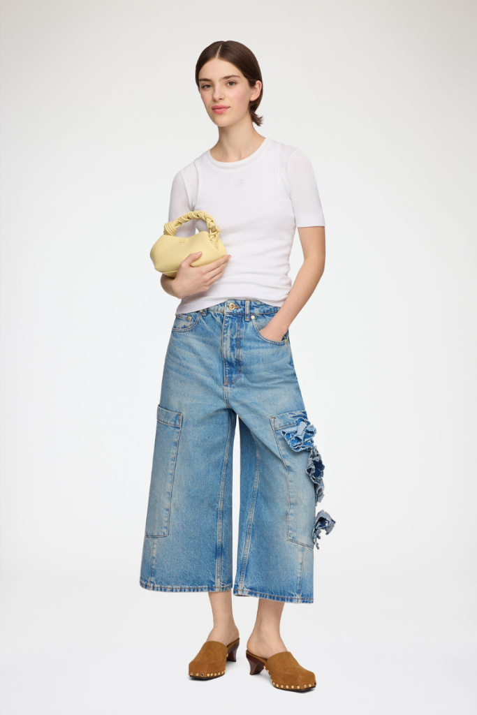 Flower Denim Cropped Baggy Jeans-GANNI-Boyds Philadelphia
