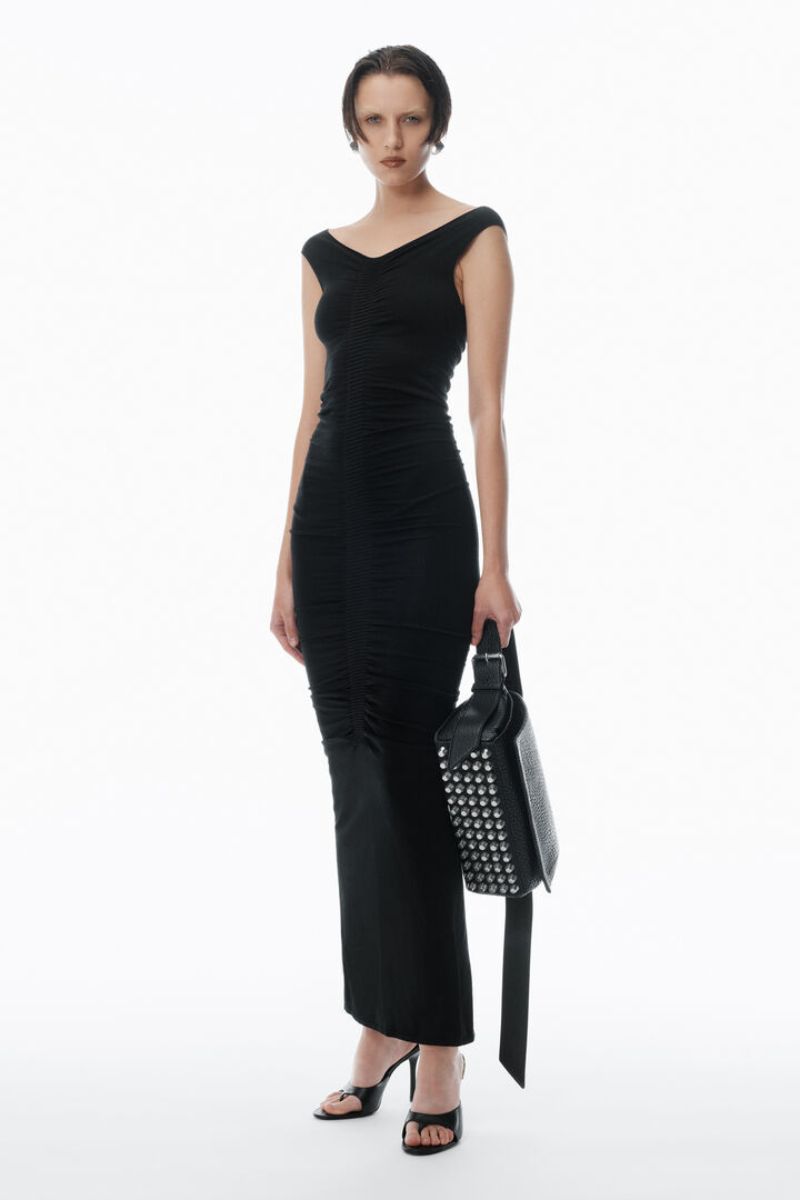 Ruched Wide V-Neck Maxi Dress-Alexander Wang-Boyds Philadelphia