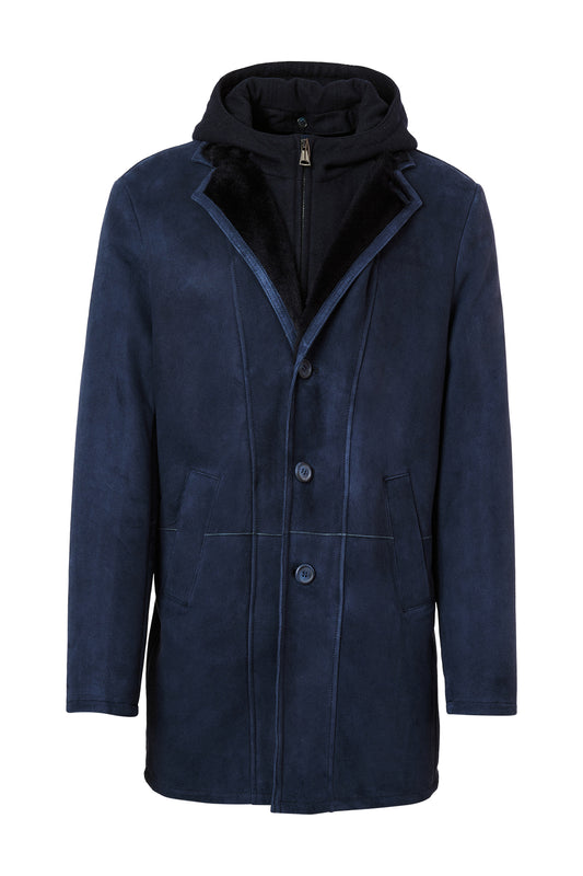 Navy Shearling Coat w/ Tonal Hood