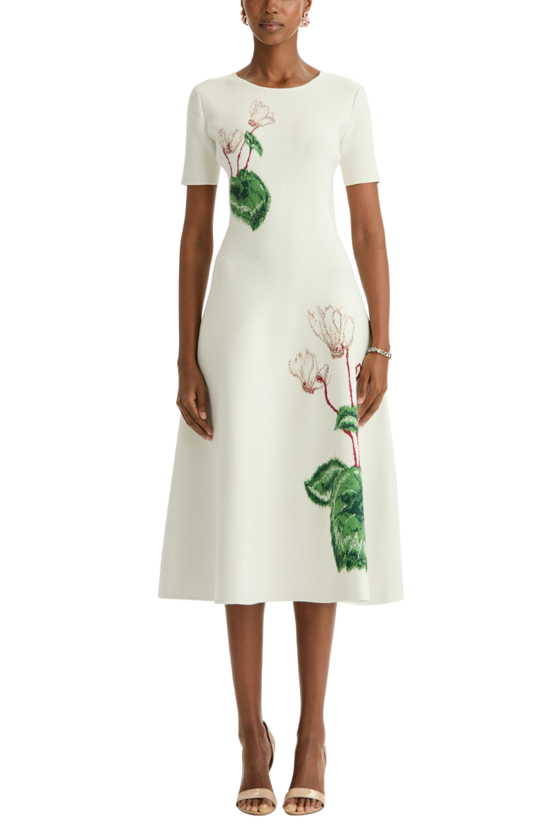 long sleeve embroidered mesh dress Oscar de La Renta Women's Cyclamen Short-Sleeve Fit & Flare Dress - Ivory