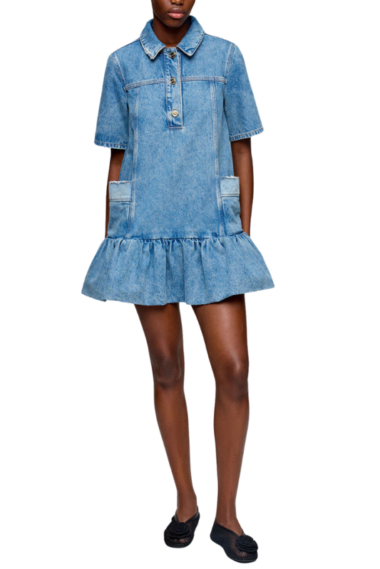 Patchwork Denim Peplum Mini Dress-GANNI-Boyds Philadelphia