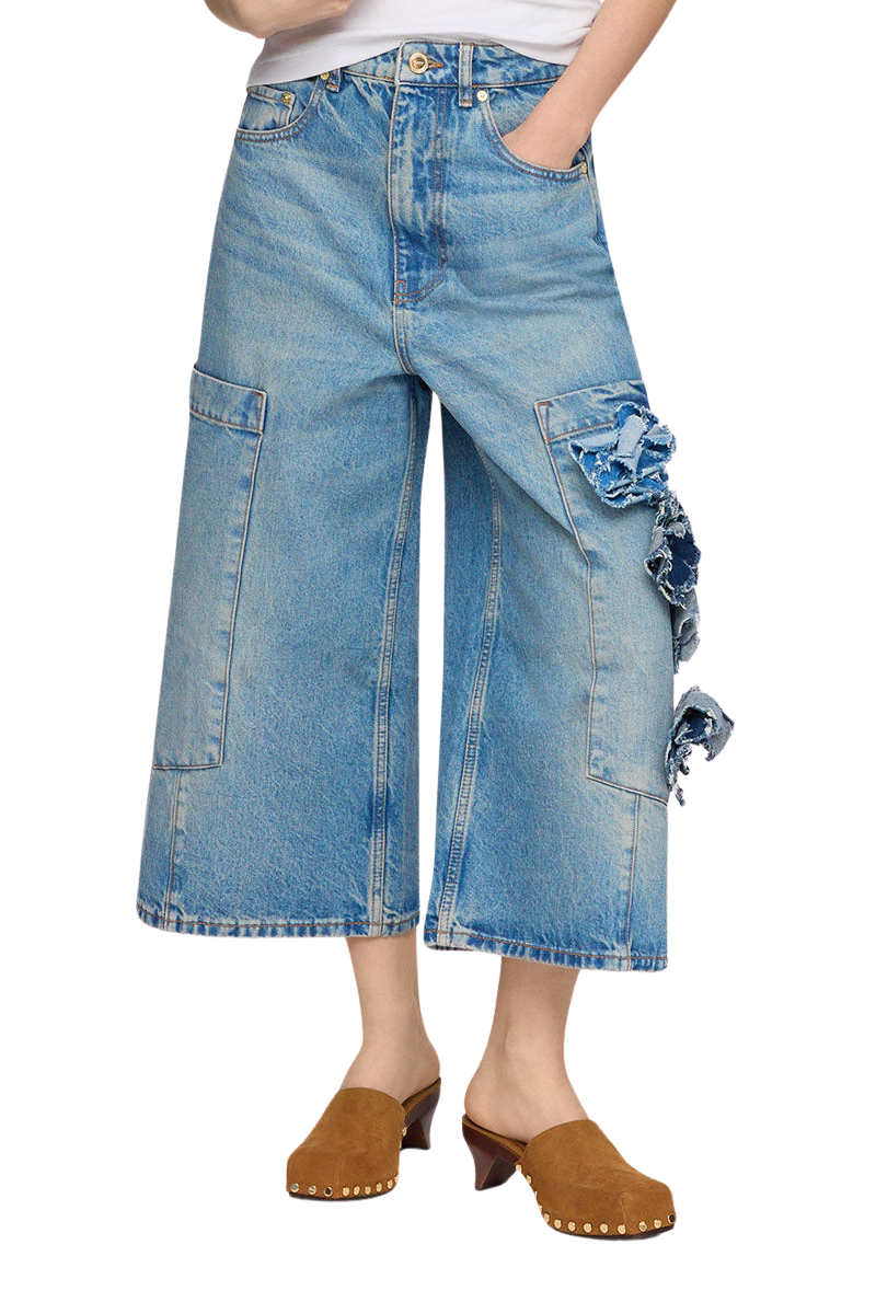 Flower Denim Cropped Baggy Jeans-GANNI-Boyds Philadelphia