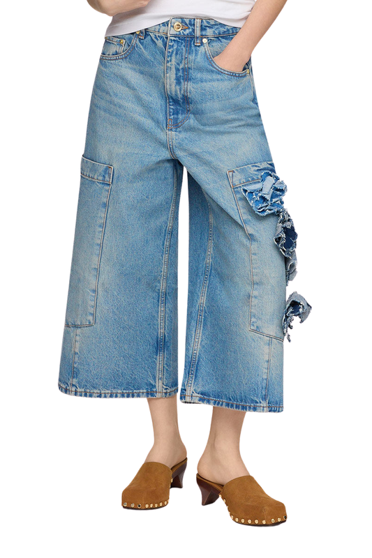 Flower Denim Cropped Baggy Jeans-GANNI-Boyds Philadelphia