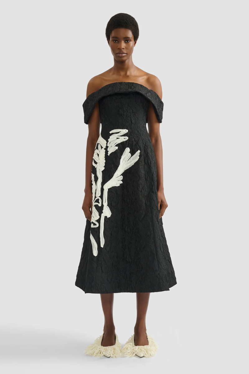 Embroidered Jacquard Off-The-Shoulder Midi Dress-ERDEM-Boyds Philadelphia