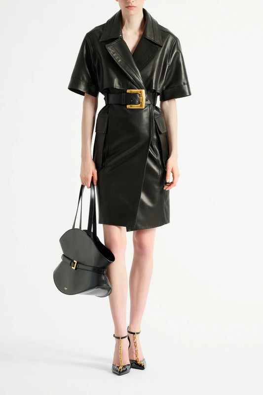 Belted Lambskin Leather Dress-Balmain-Boyds Philadelphia