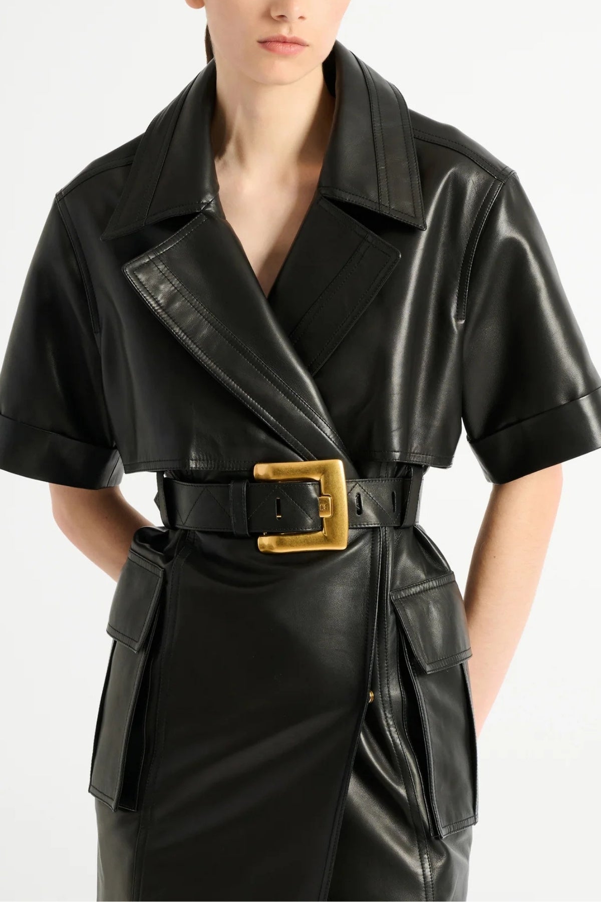 Belted Lambskin Leather Dress-Balmain-Boyds Philadelphia