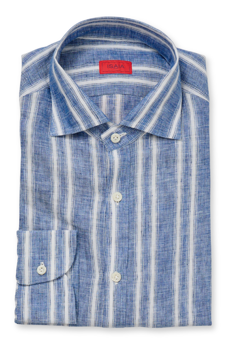 Blue Linen Striped Shirt-ISAIA-Boyds Philadelphia