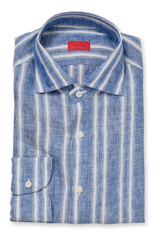 Blue Linen Striped Shirt-ISAIA-Boyds Philadelphia