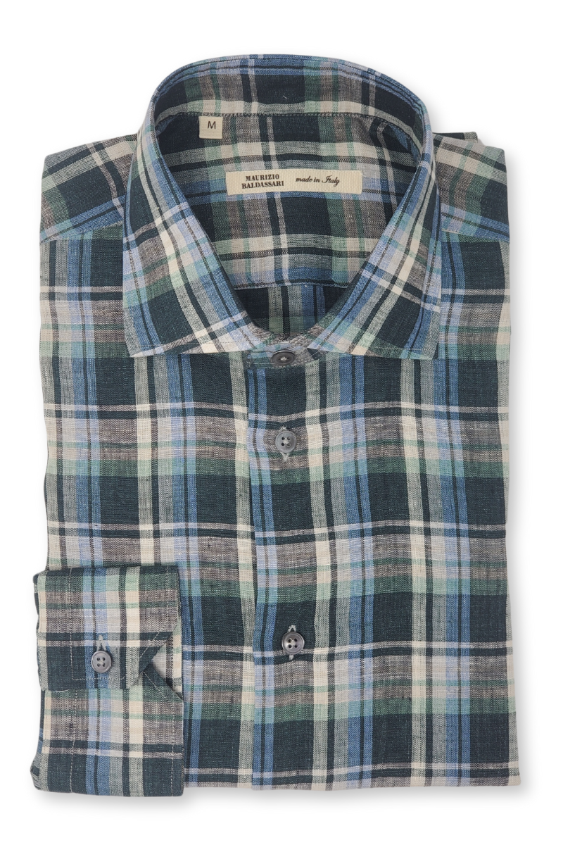 Green Linen Plaid Shirt-Maurizio Baldassari-Boyds Philadelphia