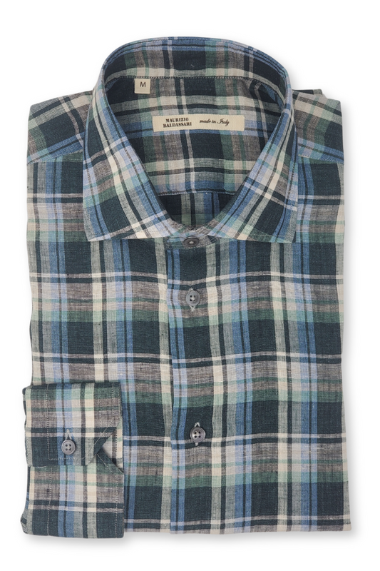 Green Linen Plaid Shirt-Maurizio Baldassari-Boyds Philadelphia