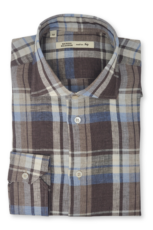 Brown Linen Plaid Shirt-Maurizio Baldassari-Boyds Philadelphia