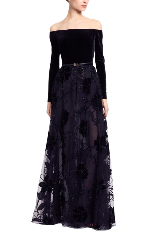 Off-The-Shoulder Velvet Embroidered Gown-ELIE SAAB-Boyds Philadelphia