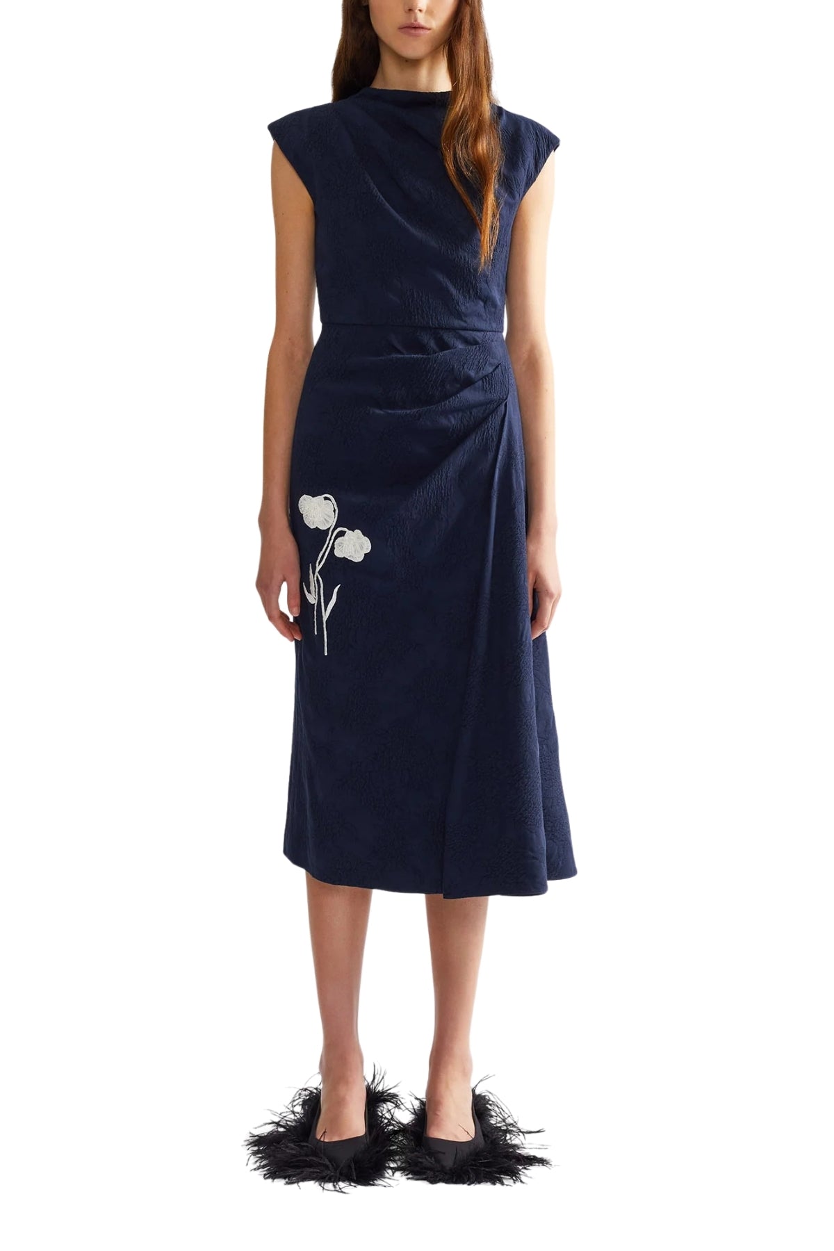 Flower Jacquard Draped Midi Dress-ERDEM-Boyds Philadelphia