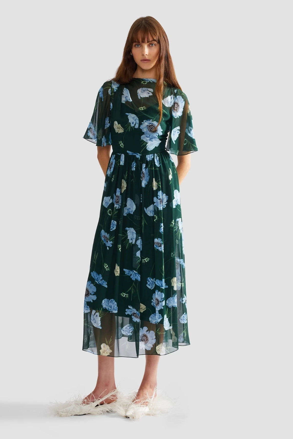 Floral Silk Voile Short Sleeve Midi Dress-ERDEM-Boyds Philadelphia