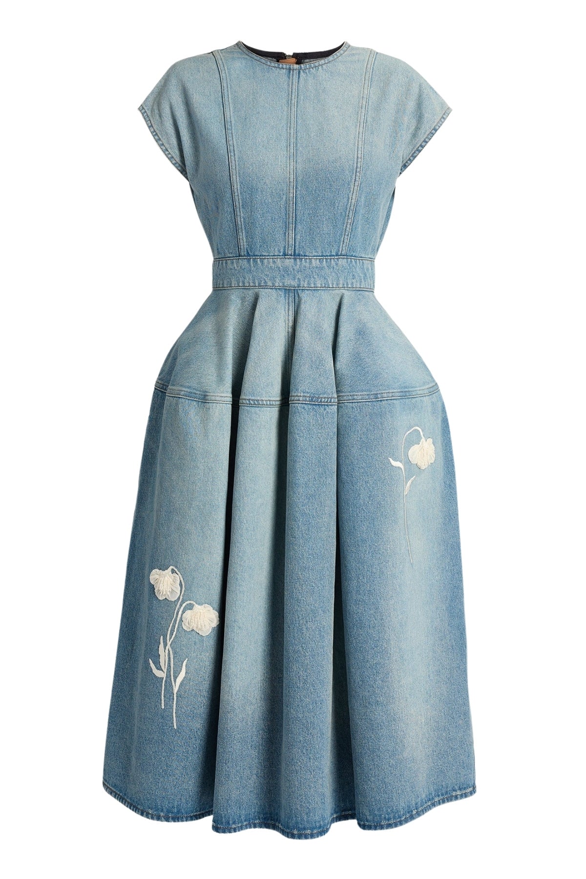 Embroidered Denim Short Sleeve Midi Dress-ERDEM-Boyds Philadelphia