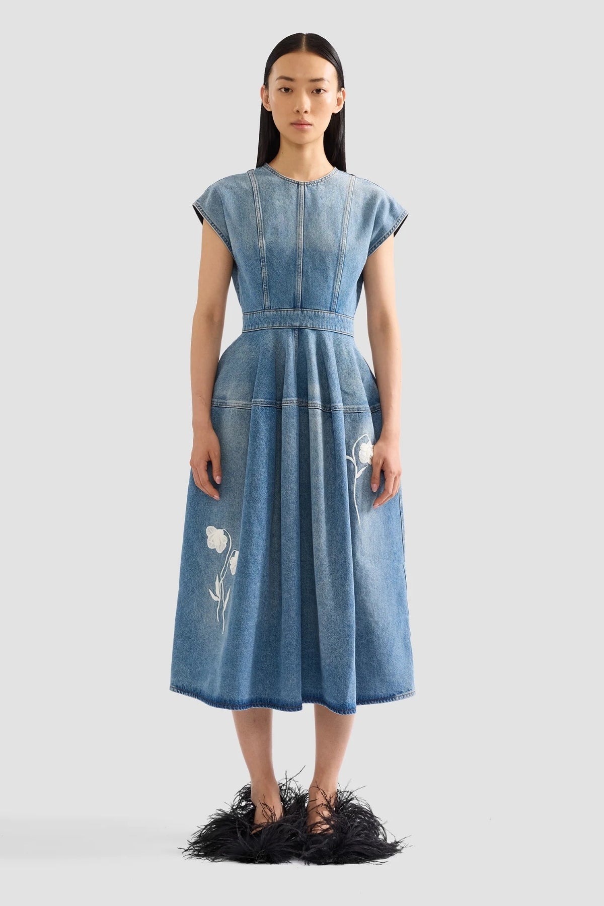 Embroidered Denim Short Sleeve Midi Dress-ERDEM-Boyds Philadelphia