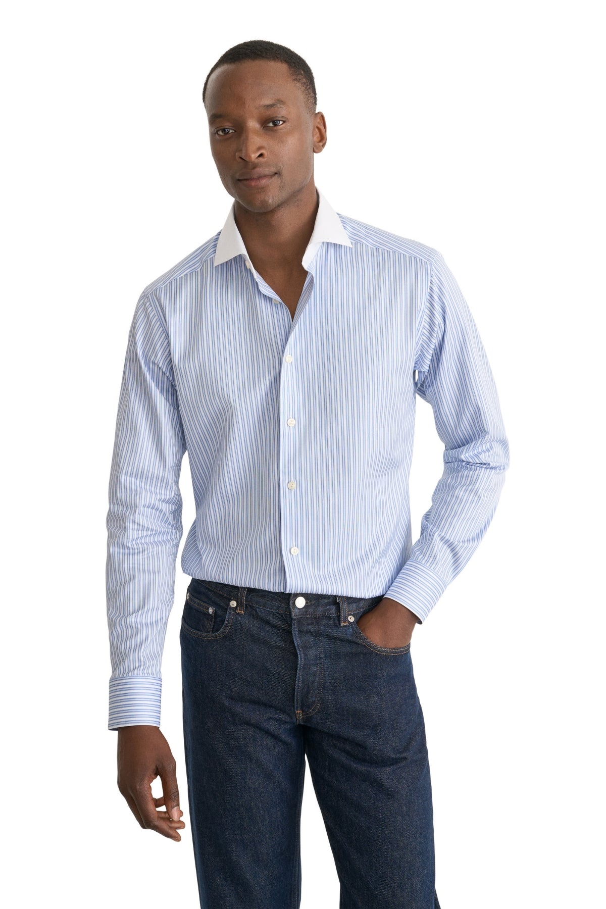 Slim Fit White Collar Striped Signature Twill Shirt