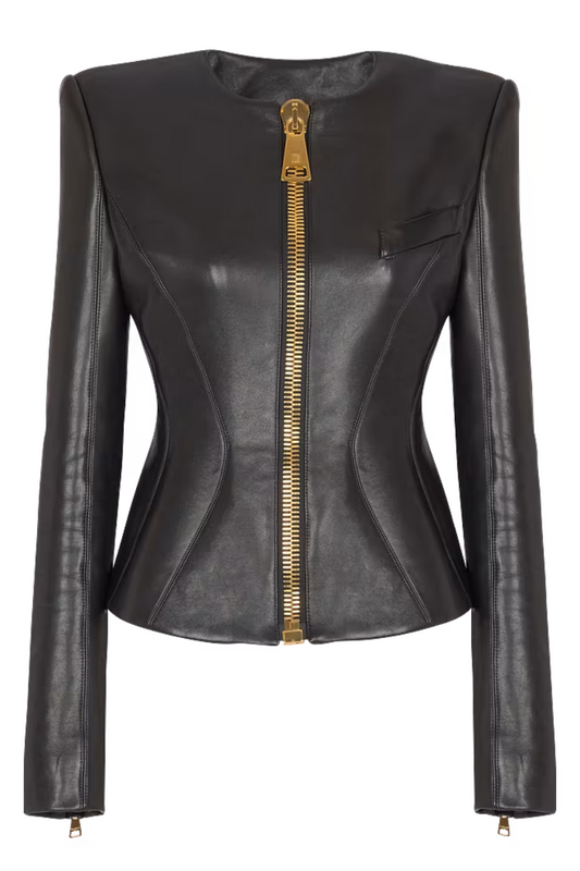 Cropped Peplum Leather Jacket-Balmain-Boyds Philadelphia