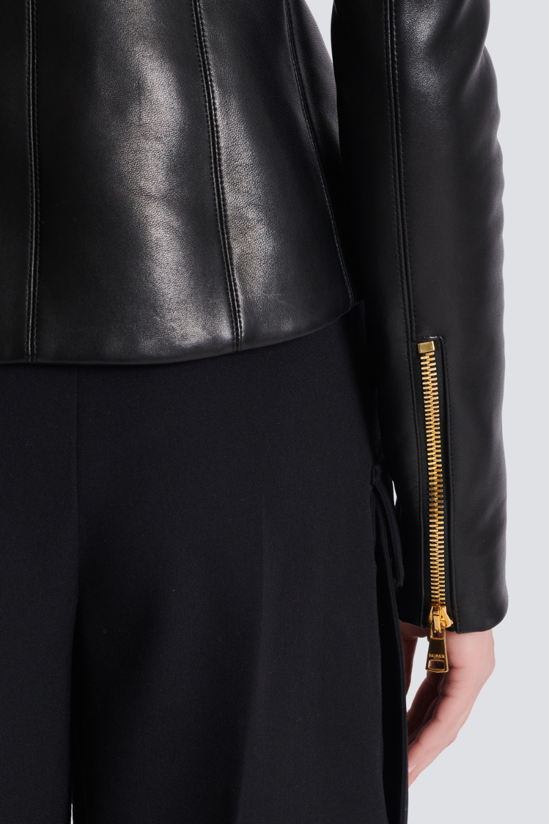 Cropped Peplum Leather Jacket-Balmain-Boyds Philadelphia