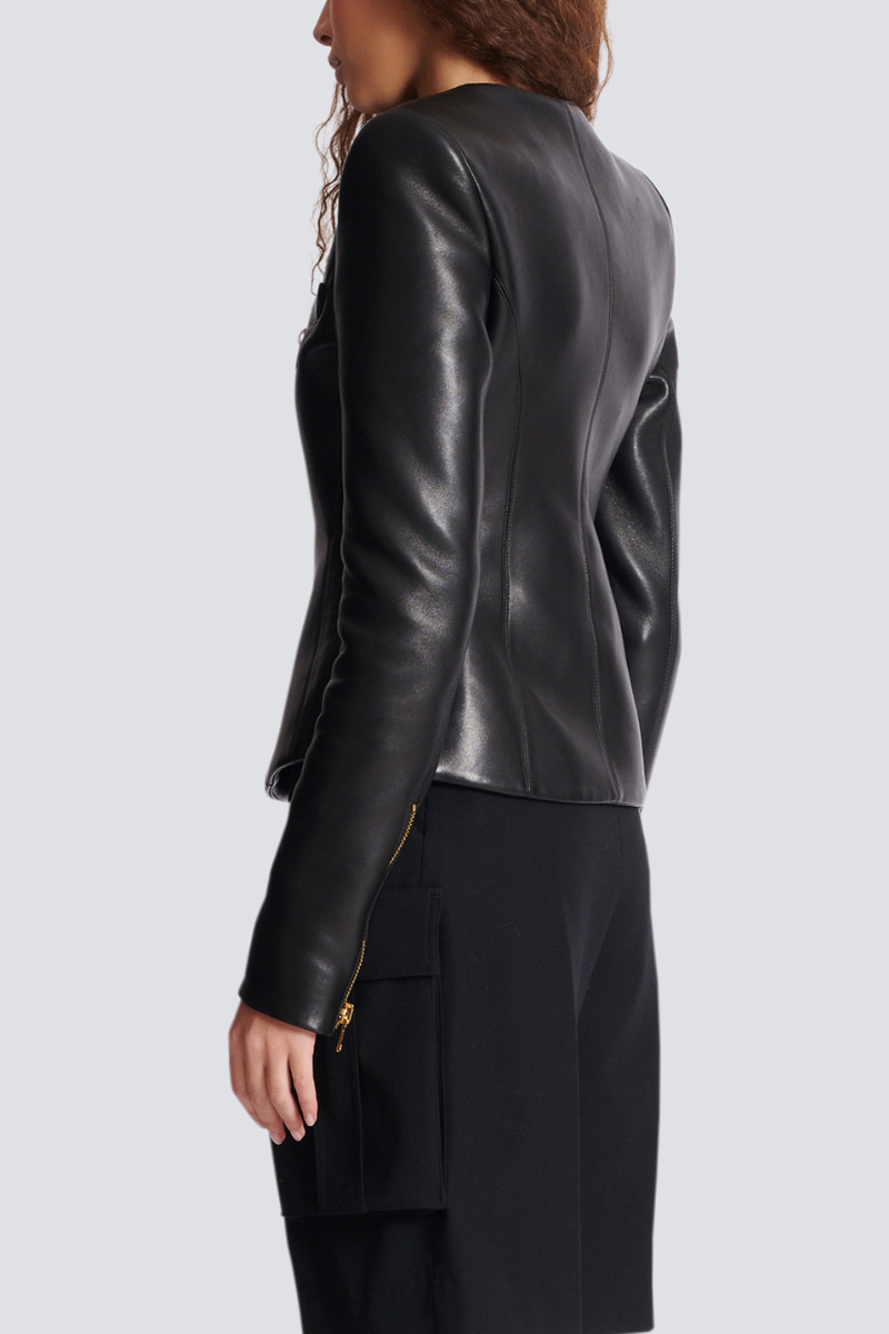 Cropped Peplum Leather Jacket-Balmain-Boyds Philadelphia