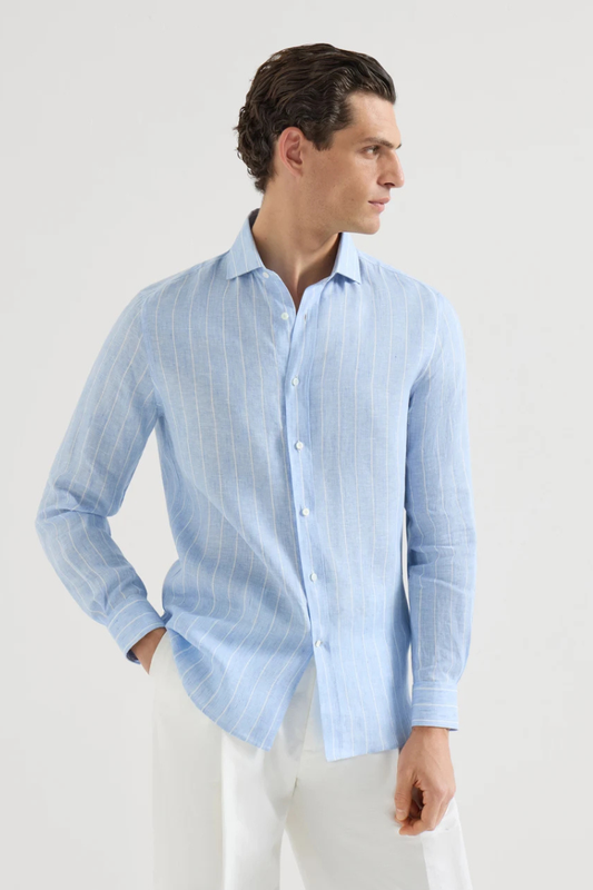 Chalk Stripe Linen Easy Shirt-Brunello Cucinelli-Boyds Philadelphia