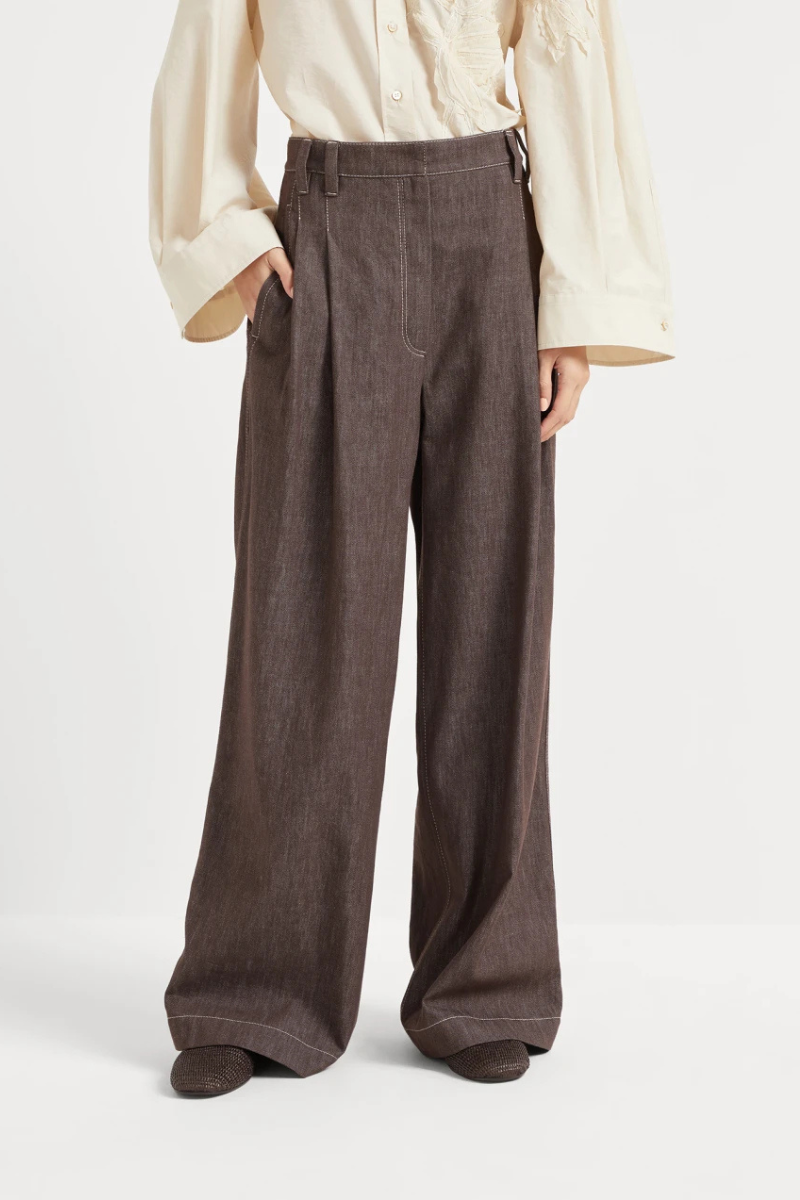 Denim-Effect Wide Smart Trousers-Brunello Cucinelli-Boyds Philadelphia