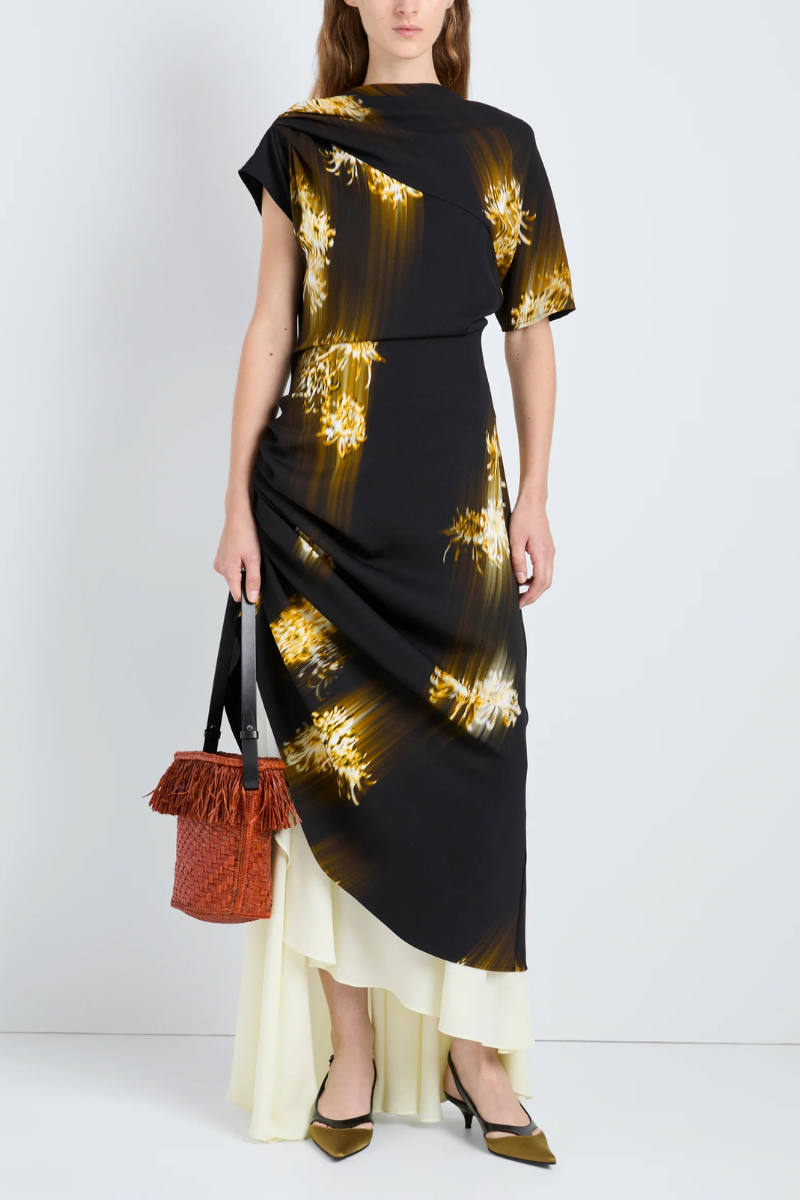 proenza schouler dress gold Proenza Schouler Women's Antonella Asymmetric Floral Print Stretch Cady Dress - Black